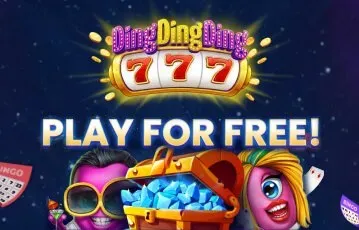 DingDingDing Casino logo, text saying "PLAY FOR FREE!", a chest with blue gems, and animated characters.