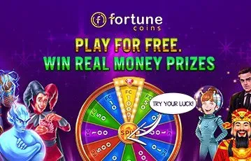 Fortune Coins Casino image, saying "PLAY FOR FREE. WIN REAL MONEY PRIZES", and a spin the wheel game image.