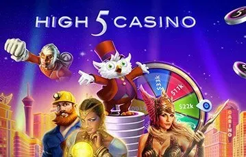 High 5 Casino logo with golden city in the background, spin the wheel game, and animated characters.
