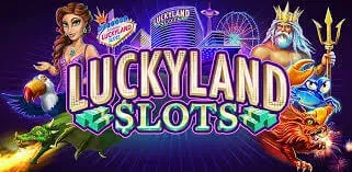 LuckyLand Slots logo, with a dark background and colorful animated characters.