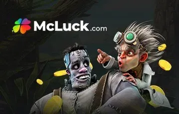 McLuck Casino logo, with a dark background, animated characters, and coins.