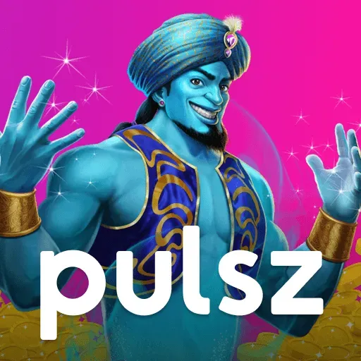 Pulsz Casino logo with pink background and blue genie.