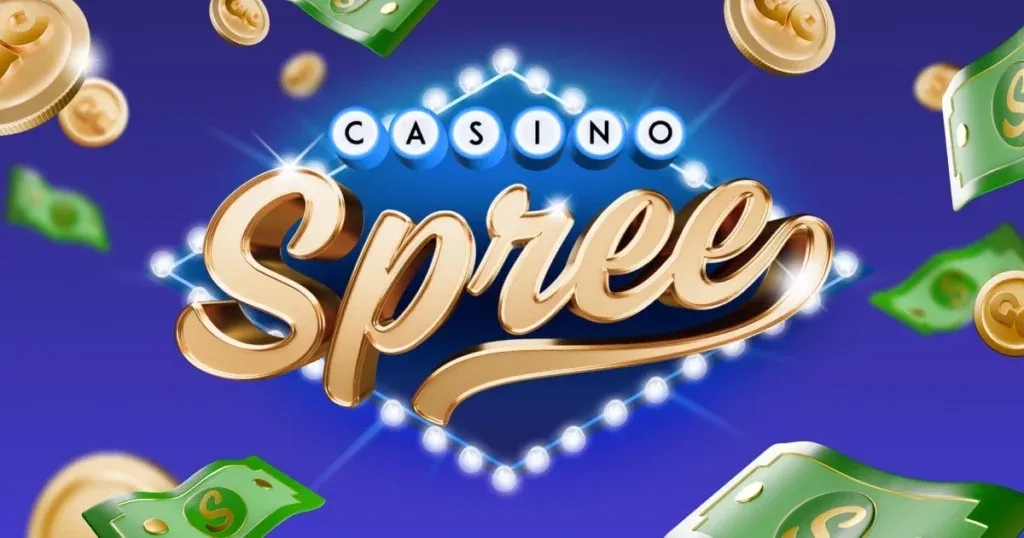 Spree Casino logo, with a blue background and coins and green bills.