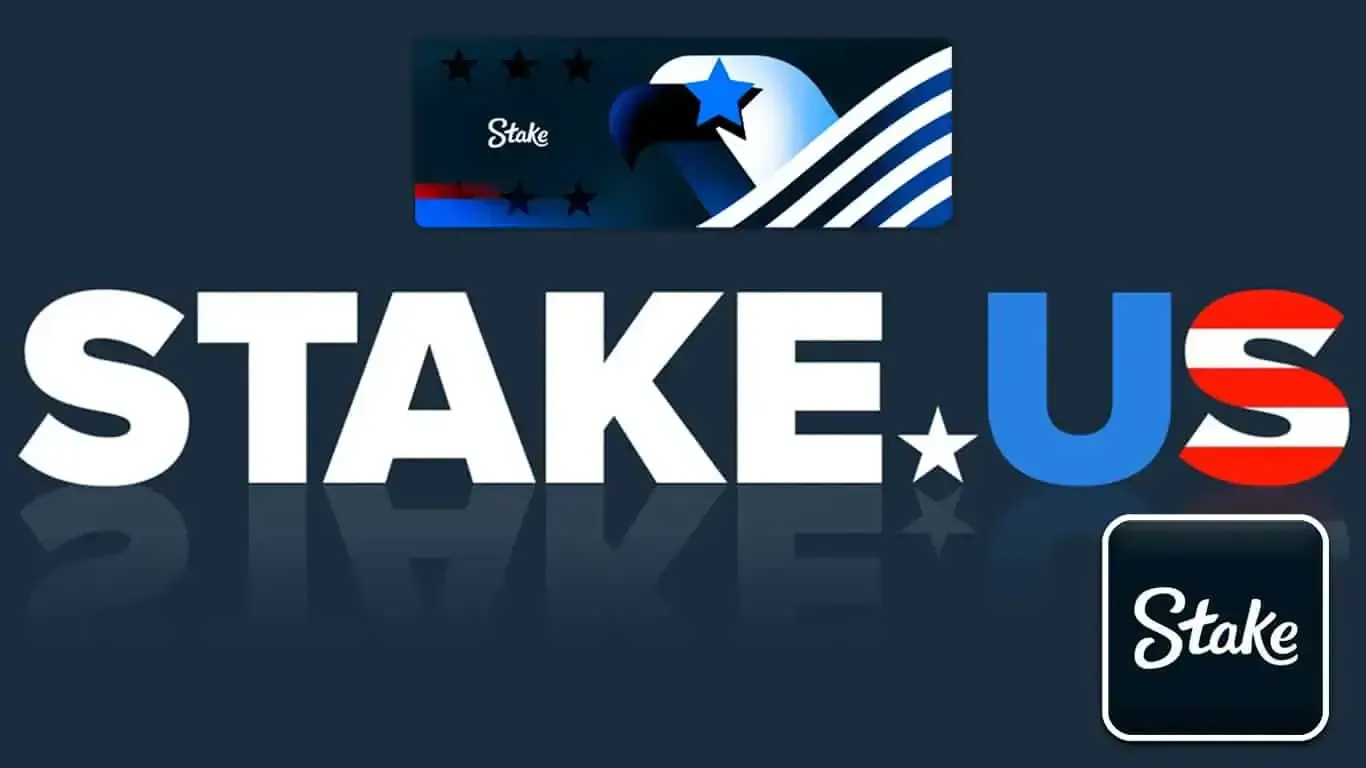 Stake.us logo, with a navy blue background, and the colors of the USA flag on the letters US.
