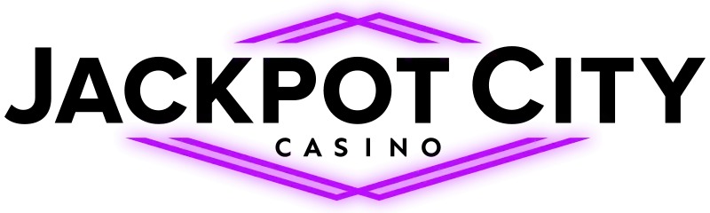Jackpot City Casino logo, black letters and purple image over a white background.