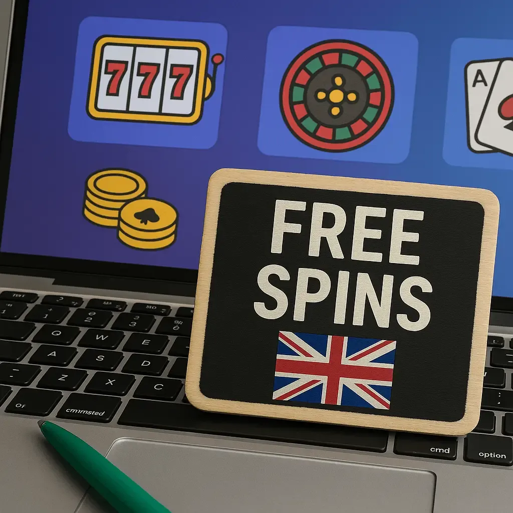 A photograph promoting free spins at UK online casinos, featuring a chalkboard sign that says "Free Spins" with a Union Jack flag, set on a laptop keyboard displaying casino game icons.