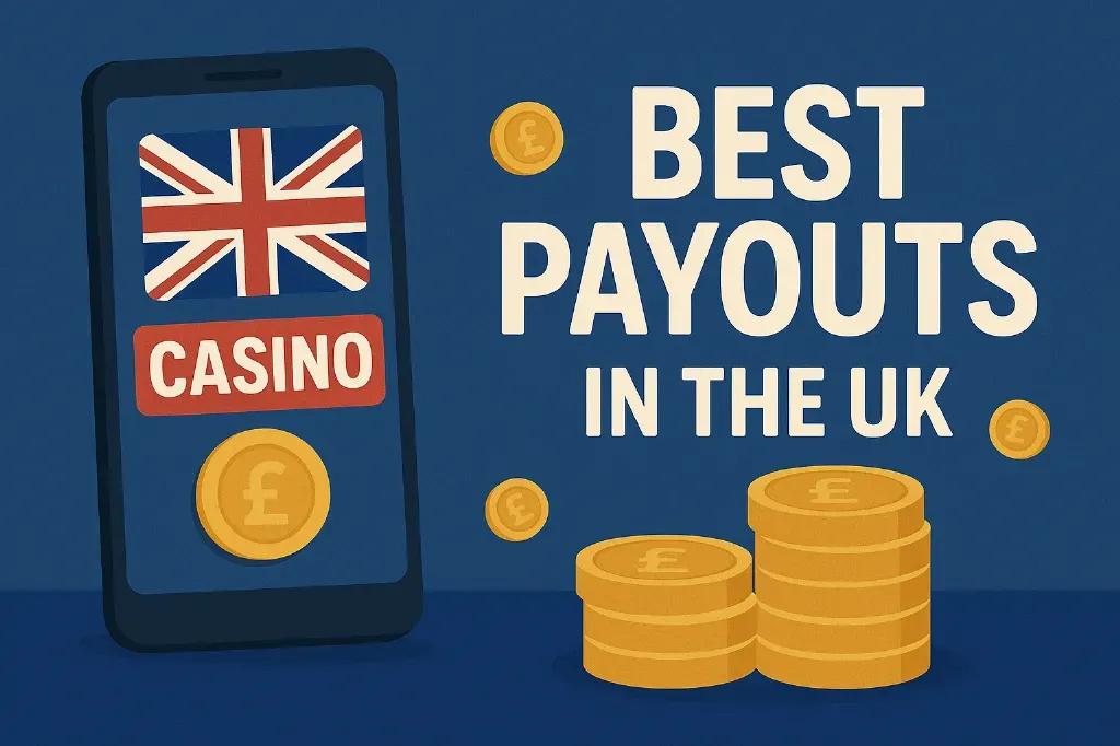Colorful digital illustration in landscape format showing a smartphone with the UK flag and 'CASINO' text on the screen, next to stacks of gold coins with pound symbols and the phrase 'Best Payouts in the UK' on a deep blue background.