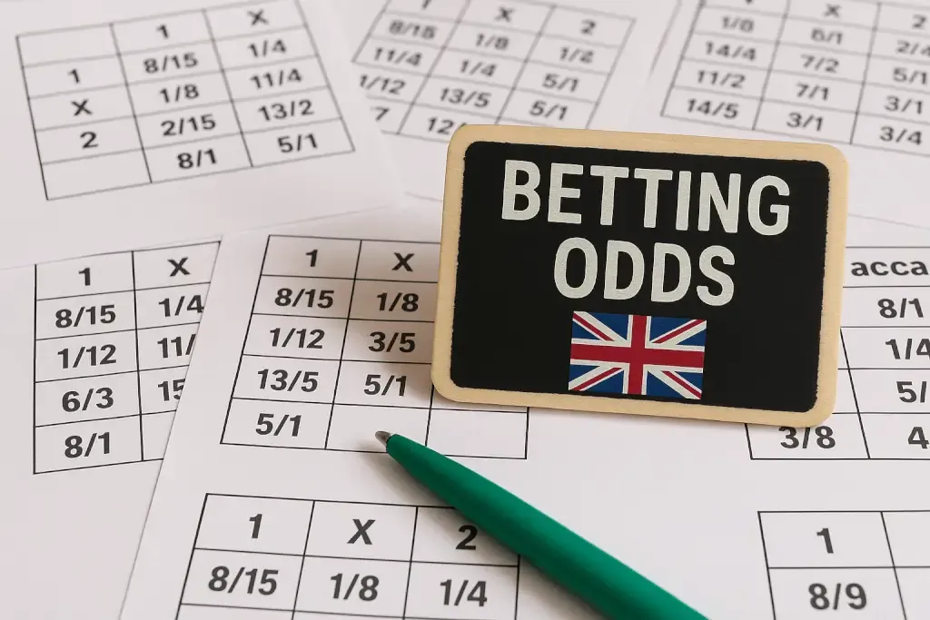 A photograph displays betting odds at UK sportsbooks, featuring a chalkboard sign labeled "Betting Odds" with a Union Jack flag, surrounded by printed odds sheets and a green pen.