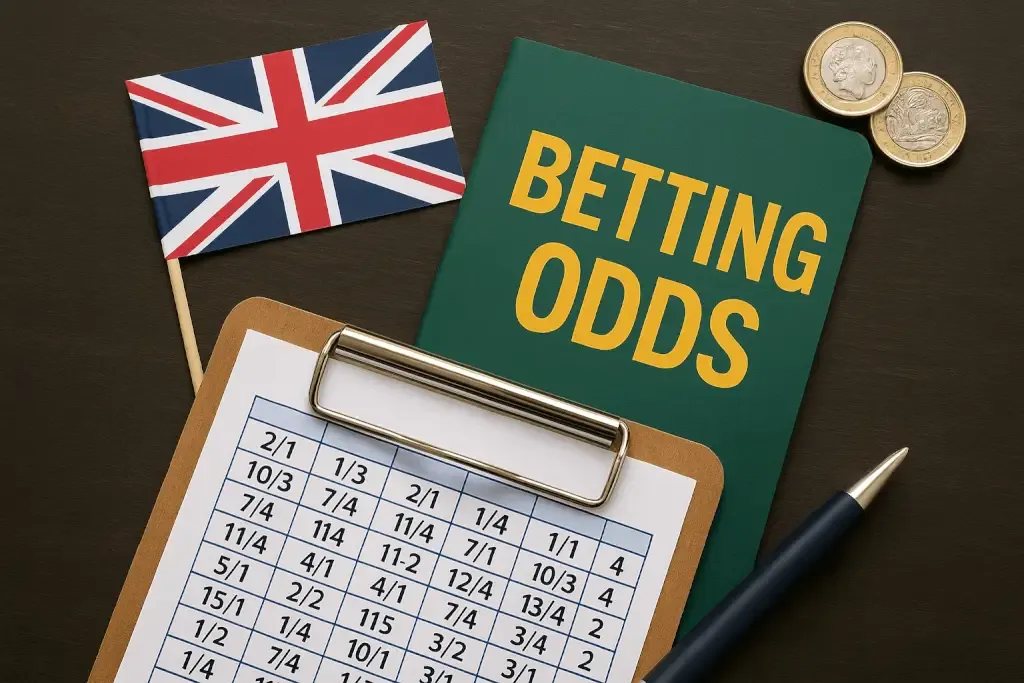A UK-themed betting setup featuring a "Betting Odds" booklet, a fractional odds sheet on a clipboard, a Union Jack flag, British pound coins, and a pen on a dark wooden surface.