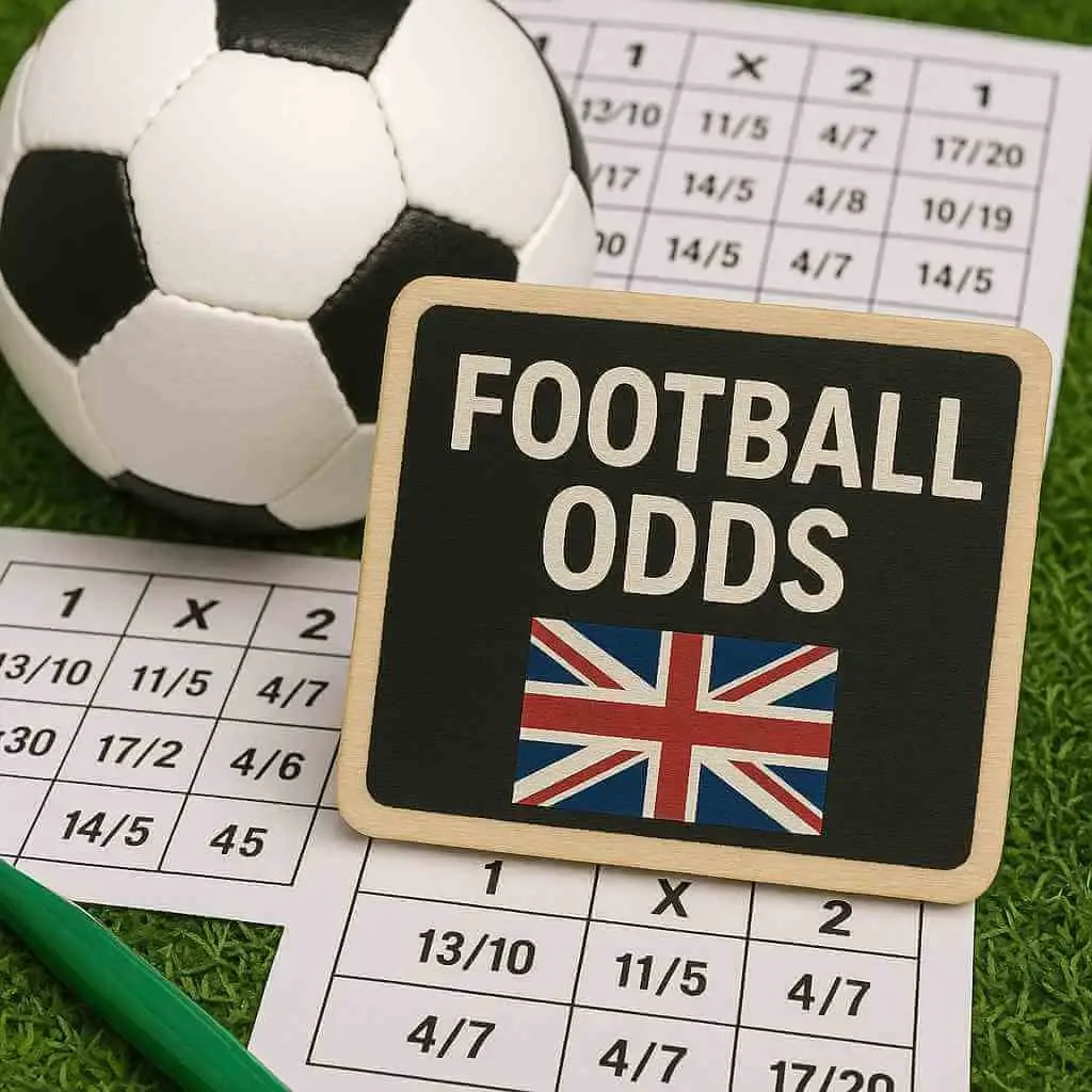 A photograph features a small rectangular chalkboard with the words "Football Odds" and a Union Jack flag, placed beside a soccer ball and printed betting odds sheets on artificial turf.