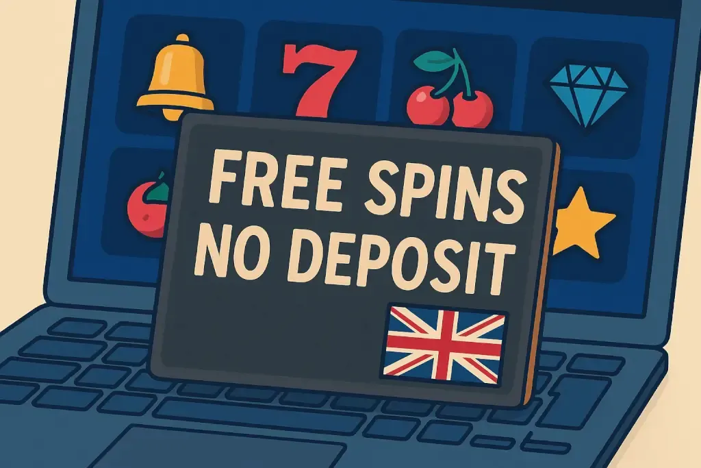 A digital illustration promoting “Free Spins No Deposit” bonuses at UK online casinos, featuring a stylized laptop with slot game icons and a chalkboard sign displaying the bonus message above a Union Jack flag.