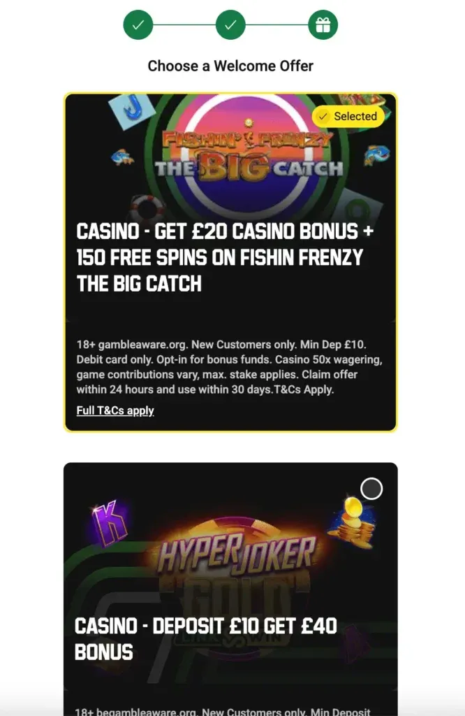 Online Casino signup process with sticky bonus available