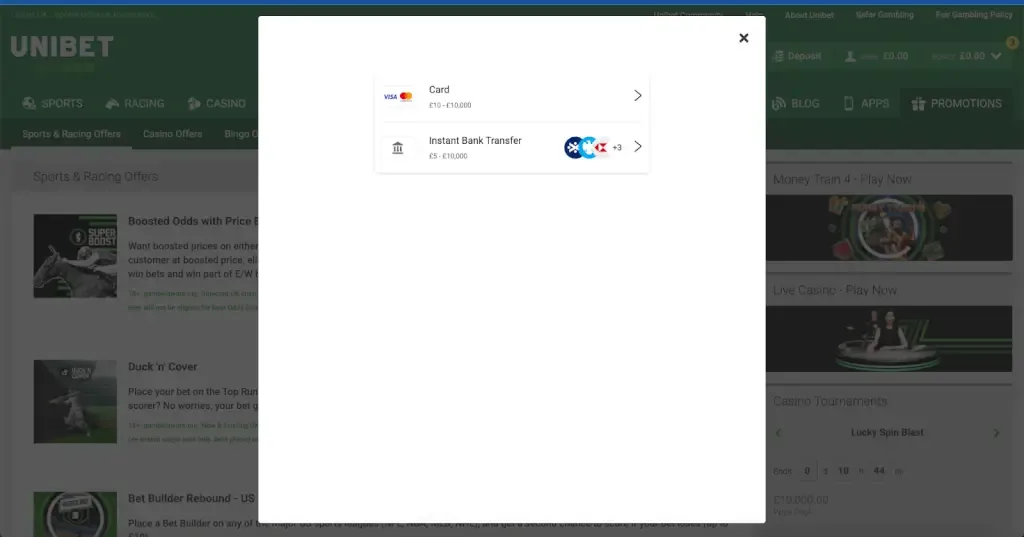 Deposit process at a UK online casino