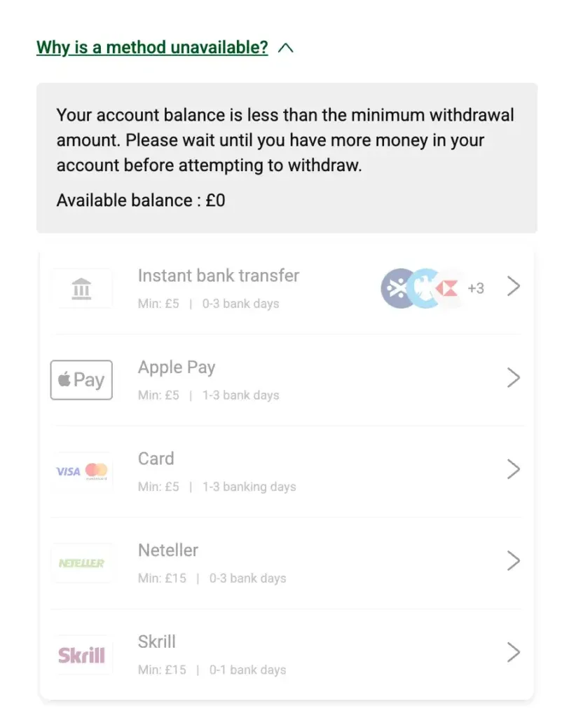 Attempted withdrawal at a UK online casino