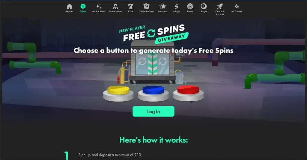 Online casino landing page with free spins welcome bonus advert