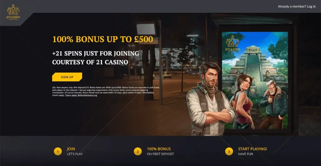21Casino landing page with welcome bonus