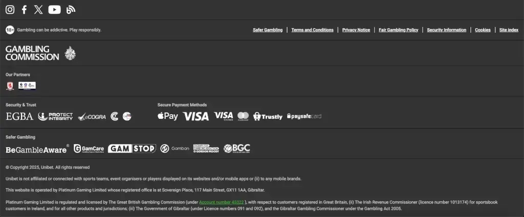 The footer of a UK online casino landing page, showing its certifications and licenses