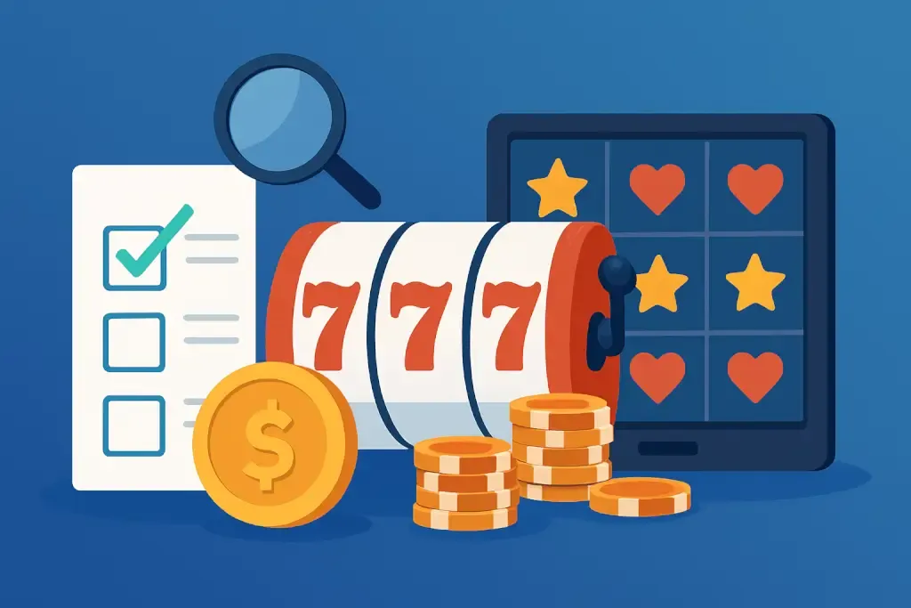 Graphic showing a slot game, a checklist, and coins
