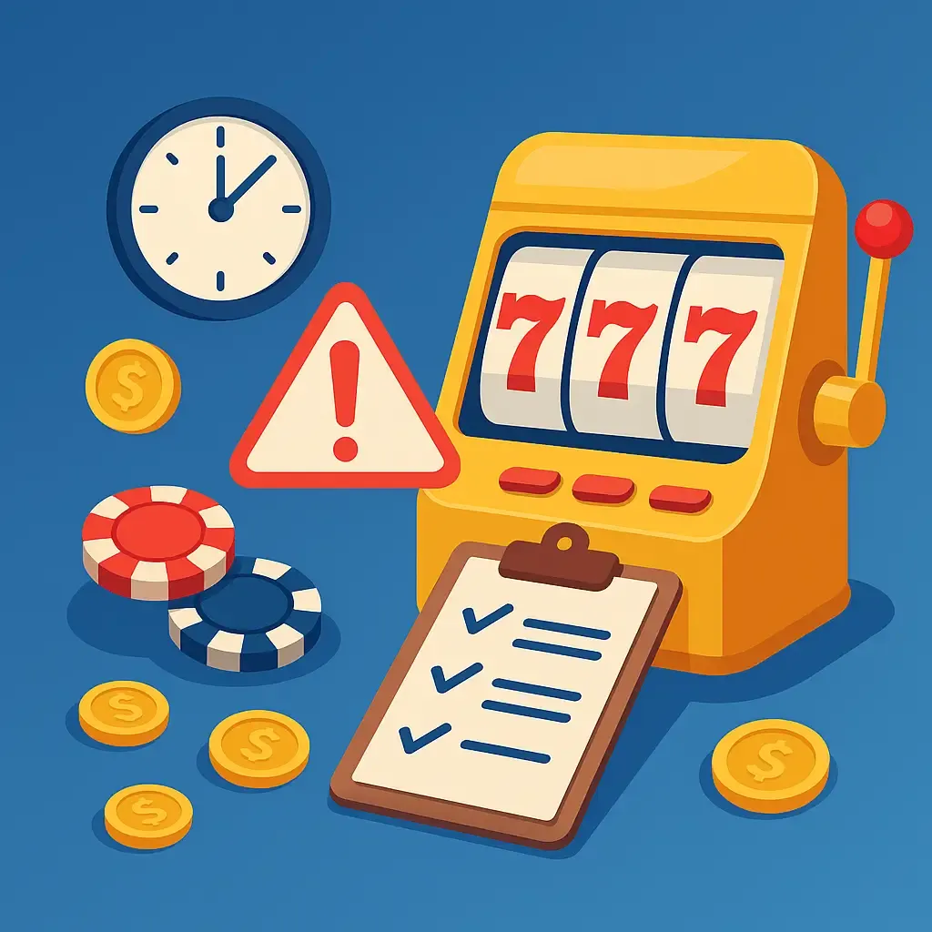 Graphic showing a warning sign with a slot machine, coins, and casino chips