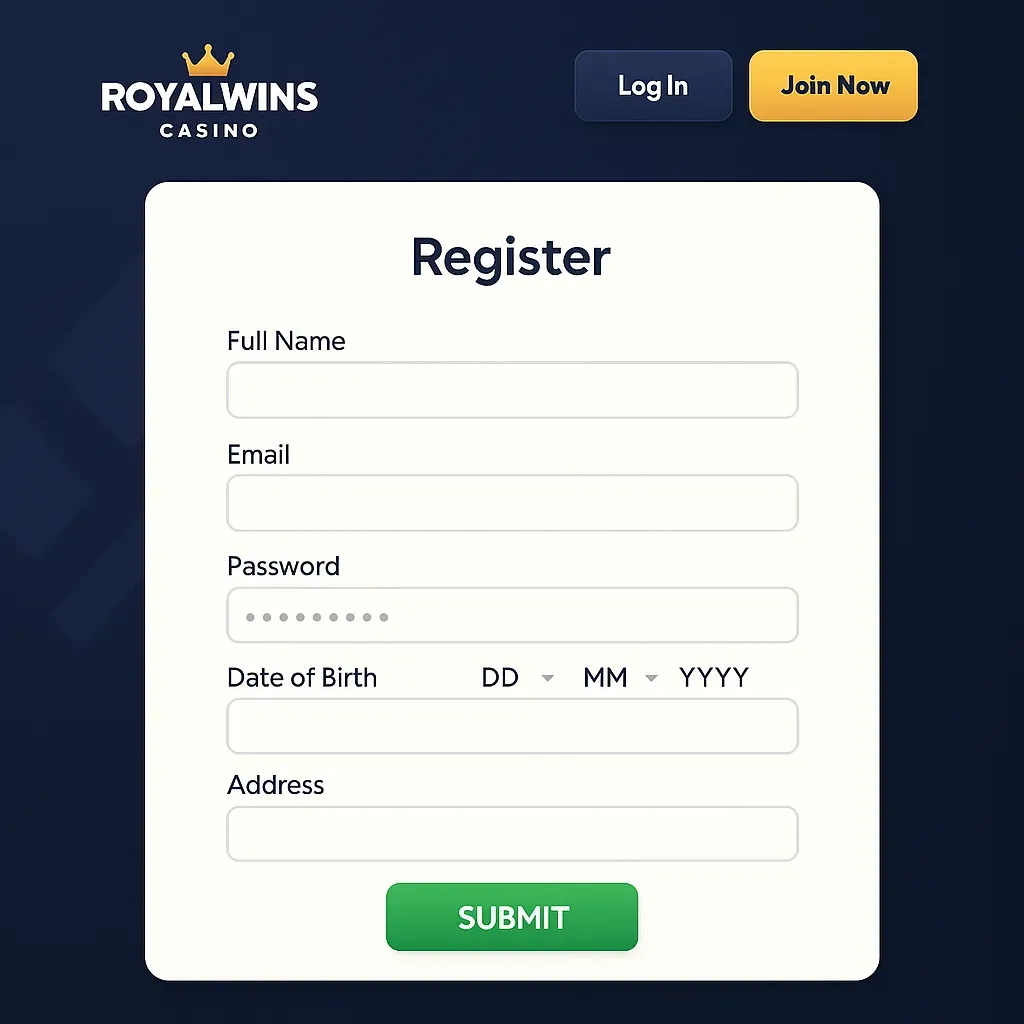 RoyalWins Casino signup page