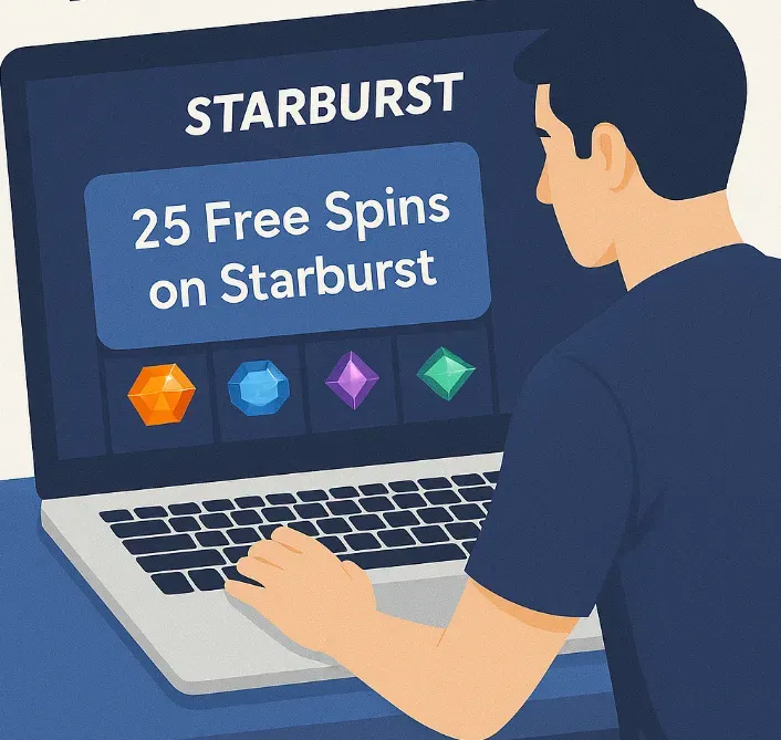 25 free spins on Starburst image with a man by the computer