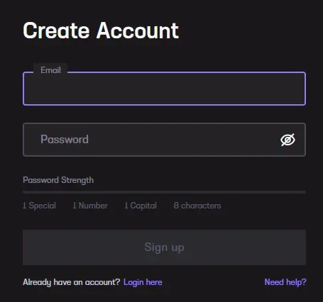 Account creation process at an online casino