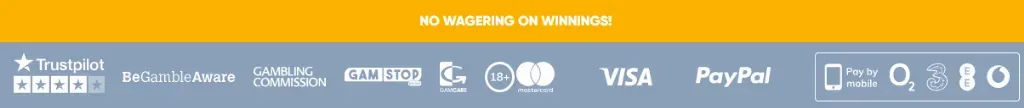 Footer of an online casino saying "no wagering on winnings"