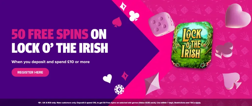 Banner for an online casino saying 50 free spins on Lock o' the Irish