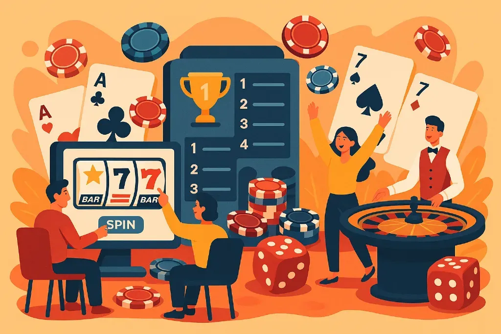 Casino Tournaments graphic with leaderboard, slot, chips, and cards