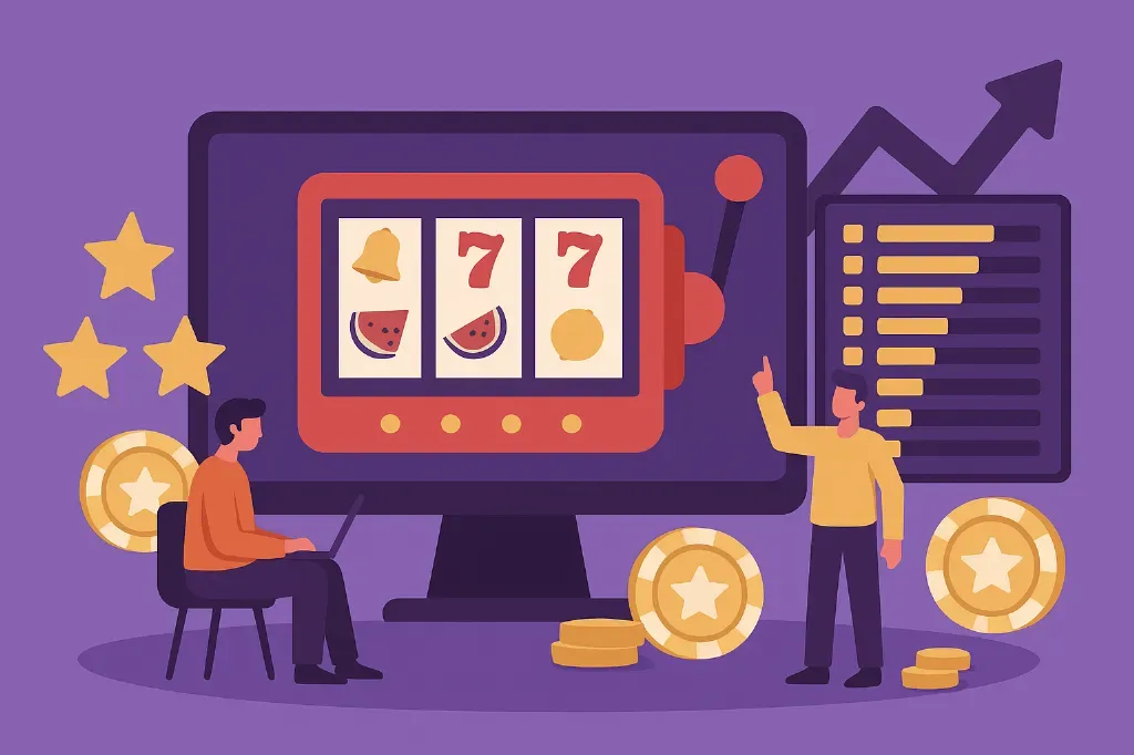 Graphic showing a slot machine, coins, a leaderboard, and 2 people