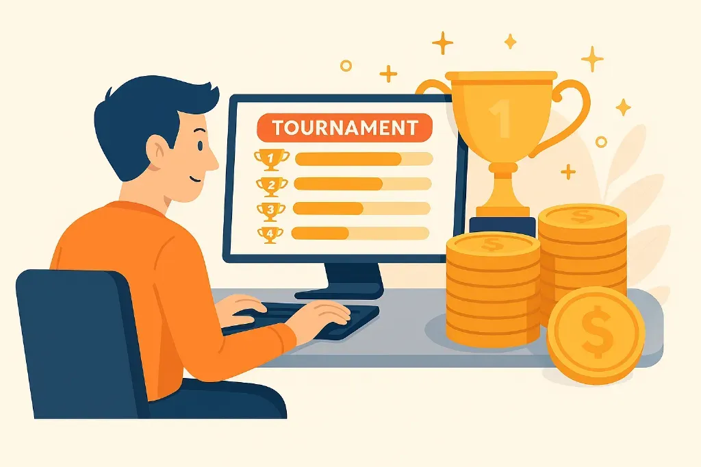 Graphic showing a man sitting at a computer with a trophy in the background. The computer shows a leaderboard for an online casino game