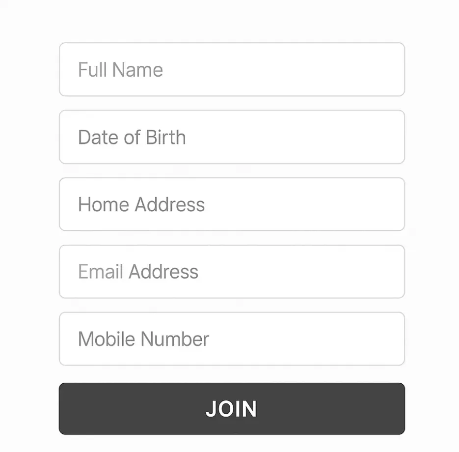 Account creation page at an online casino