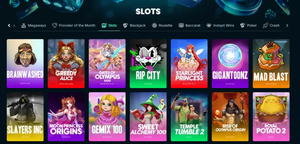 Slots selection at an online casino