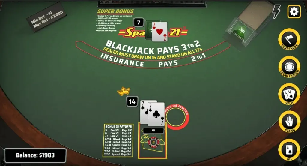 Spanish 21 Blackjack at an online casino