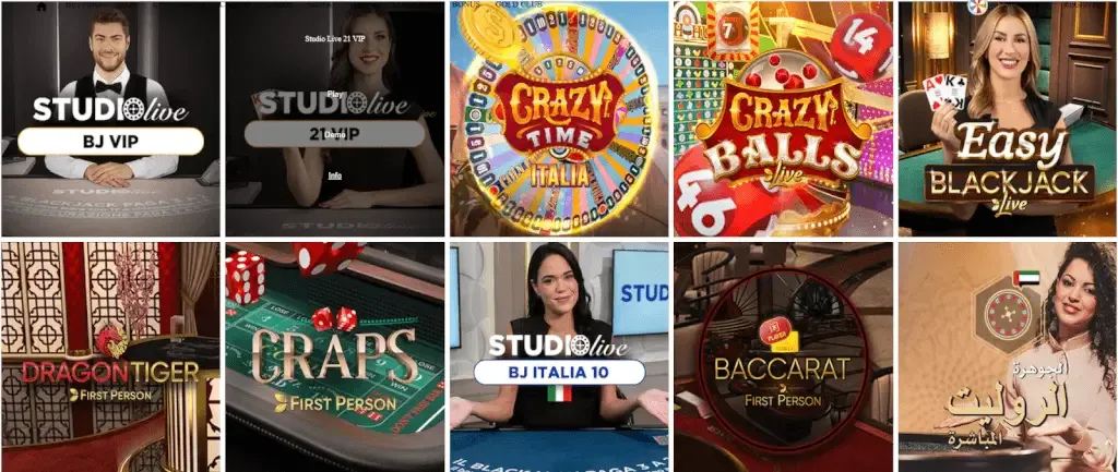 Live Casino games, including blackjack, craps, and roulette