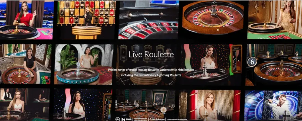 Live Roulette games, including Lightning Roulette