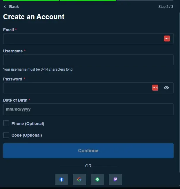 Sportsbook account creation page