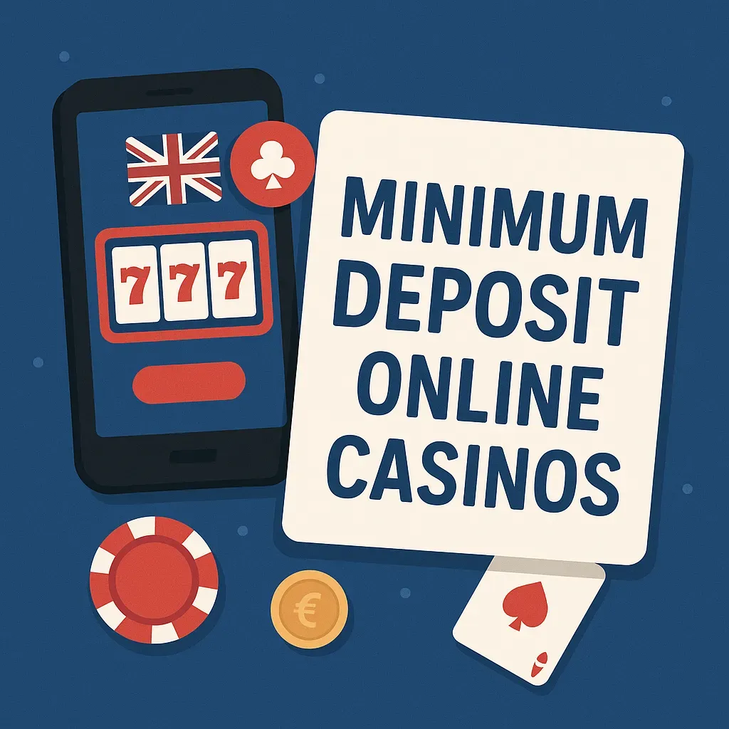 Flat-style digital illustration featuring a smartphone with a UK flag and slot machine display, poker chips, playing cards, and the text 'Minimum Deposit Online Casinos' on a deep blue background with red, white, and blue accents.