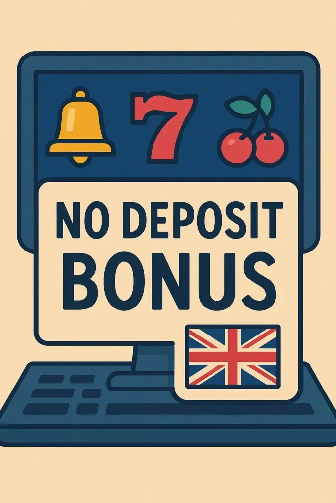 A flat-style digital illustration advertisement features a computer monitor displaying slot symbols and a large sign reading “No Deposit Bonus” with a Union Jack flag, representing UK online casino promotions.