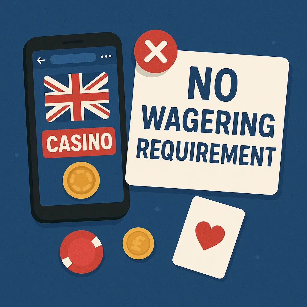 Flat-style digital illustration featuring a smartphone with a UK flag and casino webpage, poker chips, pound coins, a playing card, and a bold sign reading 'No Wagering Requirement' on a deep blue background with red, white, and blue accents.