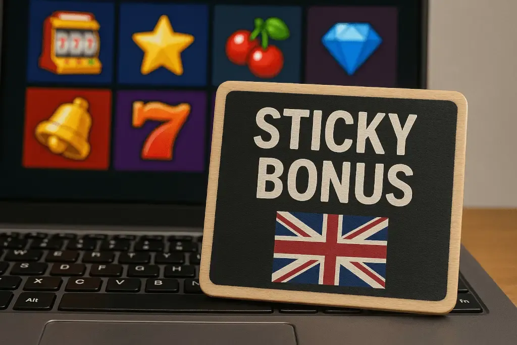 A photograph features a chalkboard sign with the words "Sticky Bonus" and a Union Jack flag, placed on a laptop keyboard with a screen displaying colorful casino slot icons like cherries, stars, and sevens.