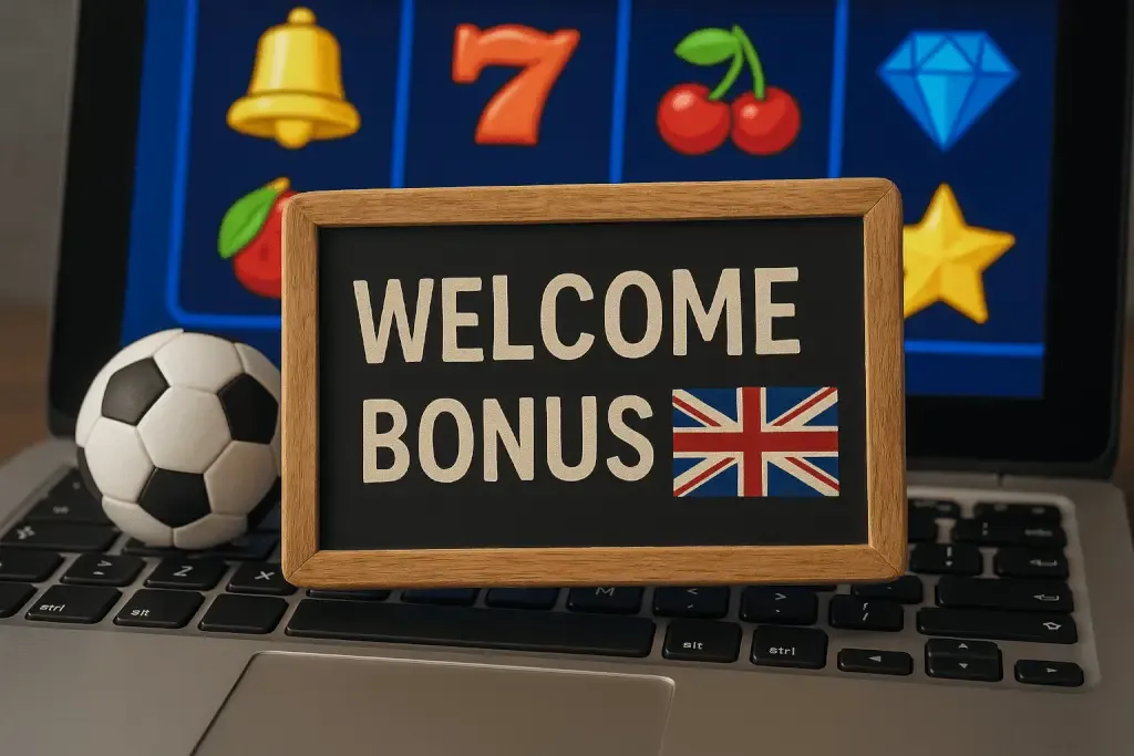 A digital photograph features a small rectangular chalkboard sign with the words "Welcome Bonus" and a Union Jack flag, placed on a laptop keyboard with a screen showing colorful slot game icons. A small soccer ball sits beside the sign.