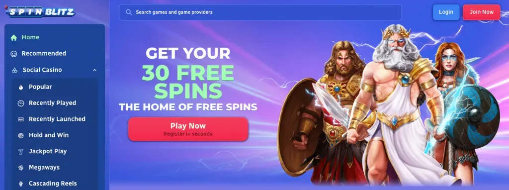 SpinBlitz - Logo with vibrant background and characters.