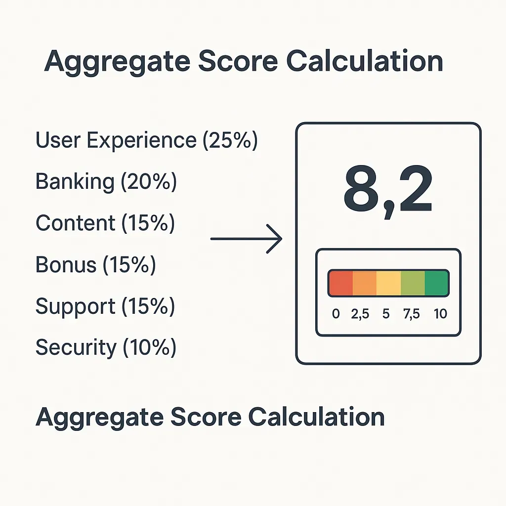 Diagram listing weighted review categories (UX, Banking, Content, Bonus, Support, Security) with an arrow pointing to a final composite score and color-graded rating bar