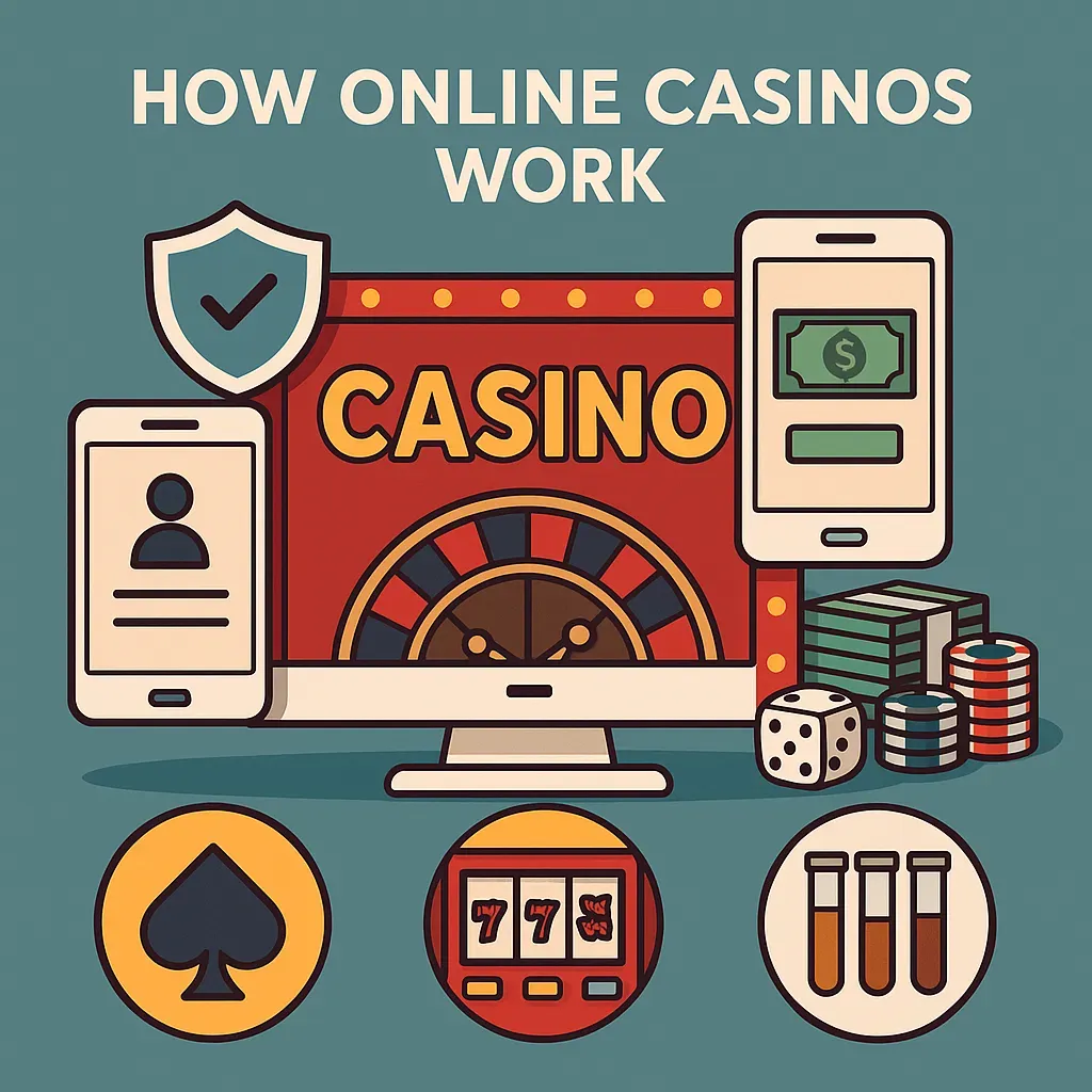 Diagram showing how online casinos work, from registration to cashing out winnings.