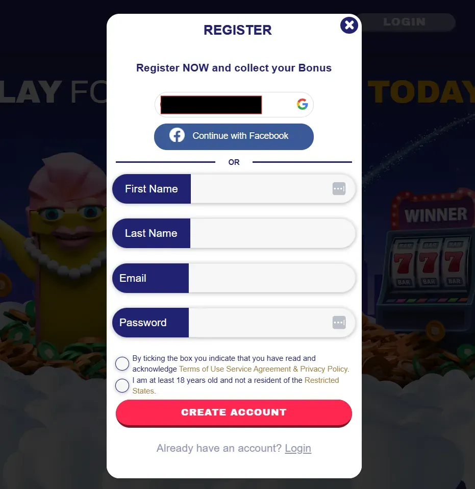 Registration Form - User interface with bonus offer.