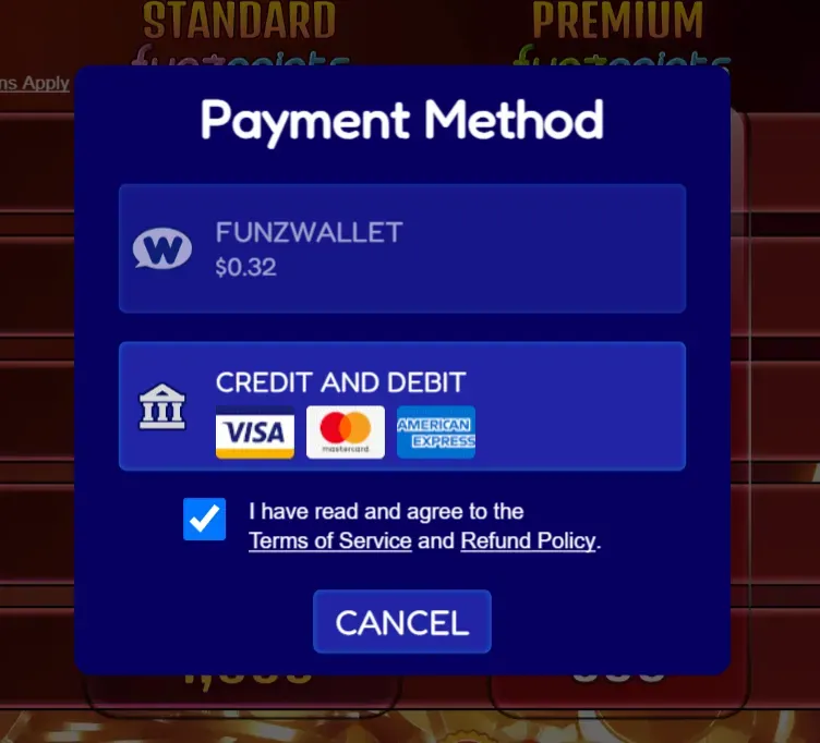 Funzwallet - Payment Method screenshot with options.
