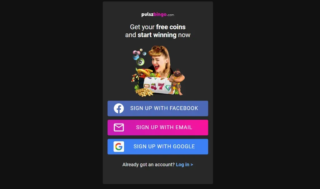 Pulsz Bingo - Banner with colorful signup options.