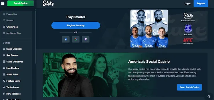 Stake - Website banner with casino features.