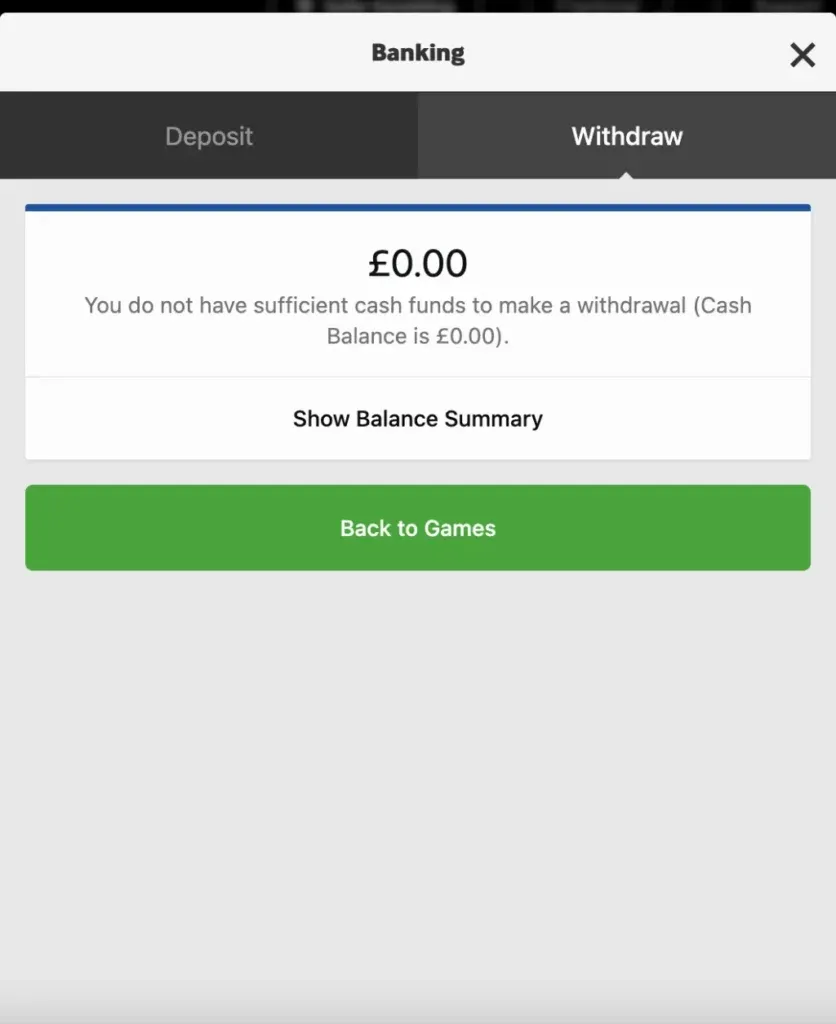 Banking - Screenshot with withdrawal message.